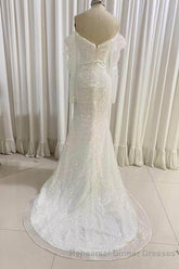 Ivory Mermaid Sequined Semi Formal Prom Dress with Long Sleeves, Sparkly Long Party Dresses